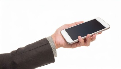 Presenting the Smartphone: A businessperson's hand elegantly holds a modern smartphone, showcasing its sleek design and blank screen.  Perfect for showcasing apps, technology.