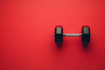 Black Dumbbell on Red Background: Fitness Equipment for Strength Training