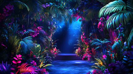 A neon jungle themed night club stage in illuminated with bright neon lights and decorated with artificial plants and flowers for a lively ambiance. Artificial Jungle. Illustration