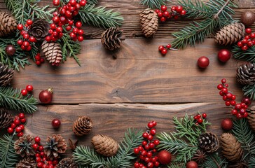 christmas decorations on rustic wood background