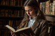 © Maelgoa - A young English woman in a tweed blazer, reading a book in an old library, warm evening light 5