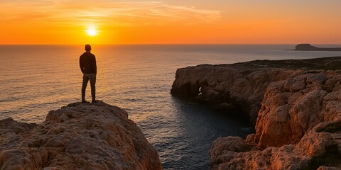 a silhouette of a man stands on a cliff, overlooking a vast ocean and sunset, embodying freedom and 