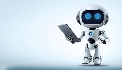 AI robot using tablet while standing facing camera floating or flying isolated white background