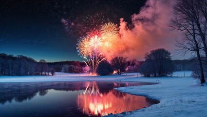 Vibrant fireworks reflect over a serene winter landscape, with snow-covered trees and a frozen lake creating a festive, tranquil night scene.