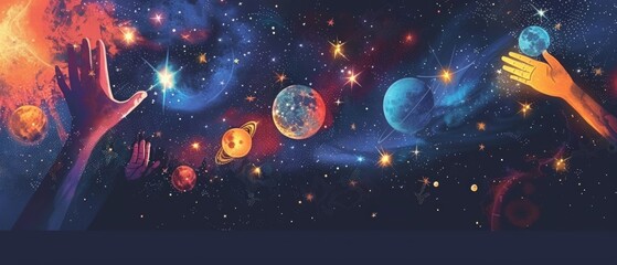 Wall Mural - Artistic space scene depicting Milky Way, shooting stars, planets. Hands reach towards planets, adding human element. Captivating, otherworldly atmosphere.