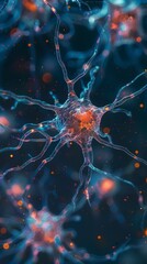 Wall Mural - An artistic illustration of interconnected neurons with axons, synapses, and particles on a black background, showcasing dynamic neural network activity.