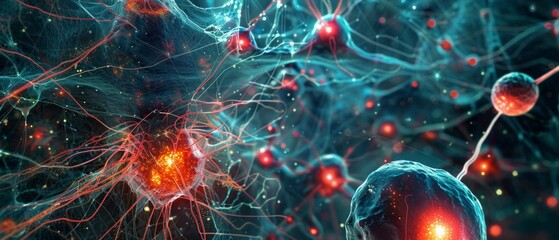 Wall Mural - visual representation: nerve cell network shown in red/blue against dark backdrop. red symbolizes vi