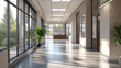 © Aysel - A modern office building with an empty hallway. The spacious office has big windows and bright lighting.