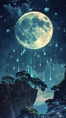 Wall Mural - Illustration shows a glowing yellow full moon in a dark sky, stars, cascading moonlight, birds, cliff, and trees, creating a magical, fairy tale-like atmosphere.