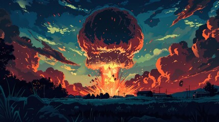 Wall Mural - an image of a nuclear explosion at sunset, creating a massive mushroom cloud and devastating surroun