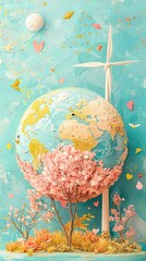 net zero climate policy Illustration, Colorful globe with wind turbine and flowers