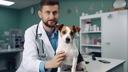 A caring veterinarian poses with a small dog, surrounded by medical equipment, highlighting the compassion and dedication in animal care and diagnosis.