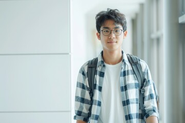 Portrait of Asian male student walking  isolated on white wall