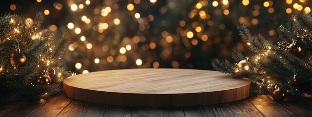 Wall Mural - Wooden round podium decoration with fir branch christmas ornament warm light bokeh background