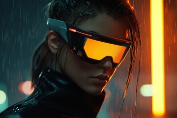 Technology is demonstrated by a woman in a futuristic city using AR glasses.
