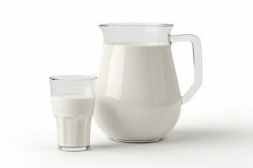 Natural whole milk in a jug and a glass isolated on a white background closeup