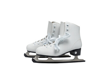 On a white background there are two pairs of skates with a white ribbon tied to the laces. Skates for skating on ice.