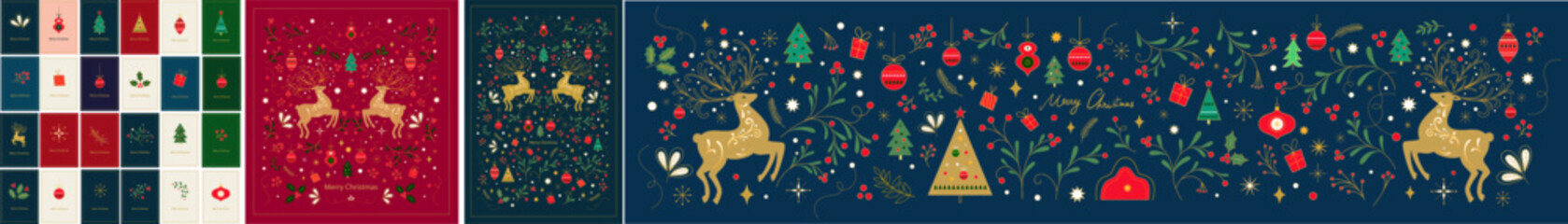 Wall Mural - merry christmas collection with christmas deer, toys and decorative branches. christmas greeting car