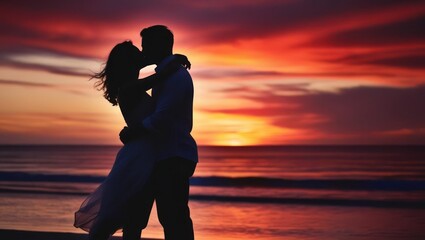 Couple Sharing a Romantic Kiss Against a Vibrant Sunset on the Beach