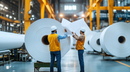 Large industrial paper rolls in factory with workers handling sheets