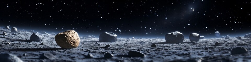 Wall Mural - a rocky, barren landscape with a large rock in the foreground. the sky is dark and the stars are vis