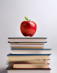 Textbooks in a stack with red apple symbolize knowledges floating or flying isolated white background