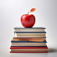 Textbooks in a stack with red apple symbolize knowledges floating or flying isolated white background