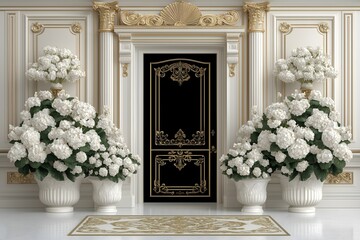 Black chateau door digital backdrop with white hydrangeas in pots each side. Ornate interior.