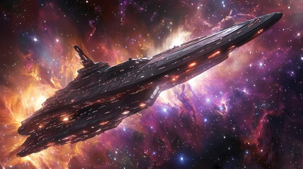 Wall Mural - Cosmic voyage - close-up of futuristic space scene with nebulae, stars, and spaceship, copy space on right. Space Opera Scene. Illustration