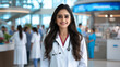 © Quality One   - Young smiling female doctor in modern hospital setting, wearing white coat and stethoscope, exuding confidence and warmth. vibrant healthcare environment surrounds her