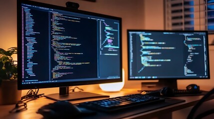Coding on Dual Monitors Minimalist White Background with Space for Text