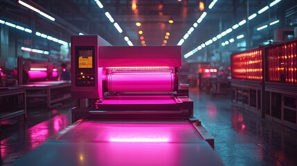 Wall Mural - industrial printing machine with pink light and blurred background