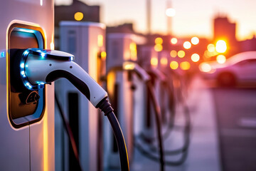 Electric vehicle charging station at sunset with glowing lights, showcasing modern technology and sustainable transportation.