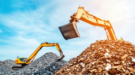 Excavators removing waste materials at a modern recycling facility under a clear blue sky.