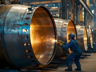 Poster - Industrial Process with Worker and Metal Pipes
