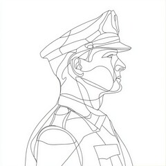 In a uniform cap, a male character is depicted as a professional police officer. A continuous drawing line logo is isolated, minimally illustrated in one continuous line.