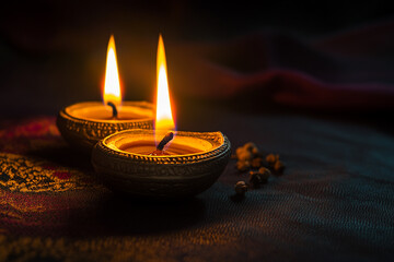 Wall Mural - An Indian oil lamp with burning candles, placed with some spices around it,during the Diwali celebration