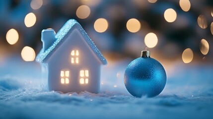 Christmas decoration of a house and a blue Christmas ball with Christmas tree background with bokeh lights. Minimalist Christmas concept