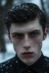 Portrait of a Young Man with Freckles in Falling Snow