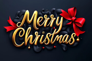 Wall Mural - Merry Christmas text with elegant golden letters and festive decorations, featuring red ribbons and ornaments, creating joyful holiday atmosphere