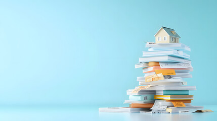 Property loan documents stacked with house model on top, symbolizing finance