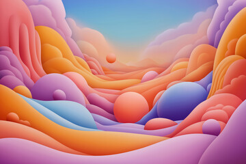 A vibrant landscape of colorful hills and spheres at sunset