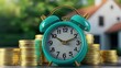 © Nattapun - A vintage alarm clock stands amidst golden coins, symbolizing financial time management and savings near a charming home.