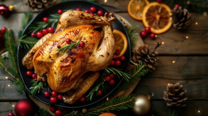 Festive roast turkey with cranberries and pine cones on wooden table