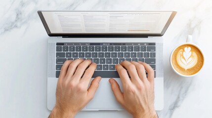 hands typing on laptop keyboard with cappuccino on marble desk in bright workspace