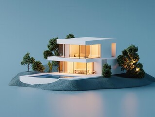 Poster - Sleek isometric house with open floor plan, large glass walls, Isometric house modern, minimalist architecture