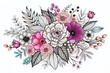 © Supittra - Elegant Black Line Floral Bouquet on White Background - Fashion Photography Inspiration, Vector Coloring, Decorative Art, Modern Design, Home Decor, Botanical Illustration, Minimalist Style