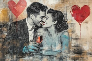 Collage 3d image pin-up pop retro sketch of funny couple celebrating Valentine's Day, love, date.