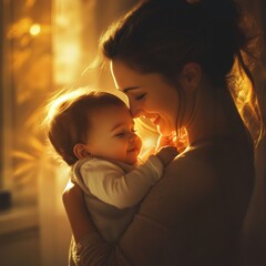 loving mother hugs her little baby at home