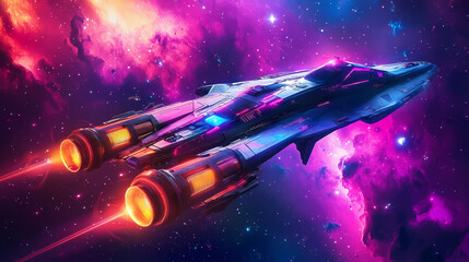 Wall Mural - Futuristic spaceship in colorful nebula with glowing engines - ultra-detailed sci-fi ray tracing illustration. Space Opera Scene. Illustration
